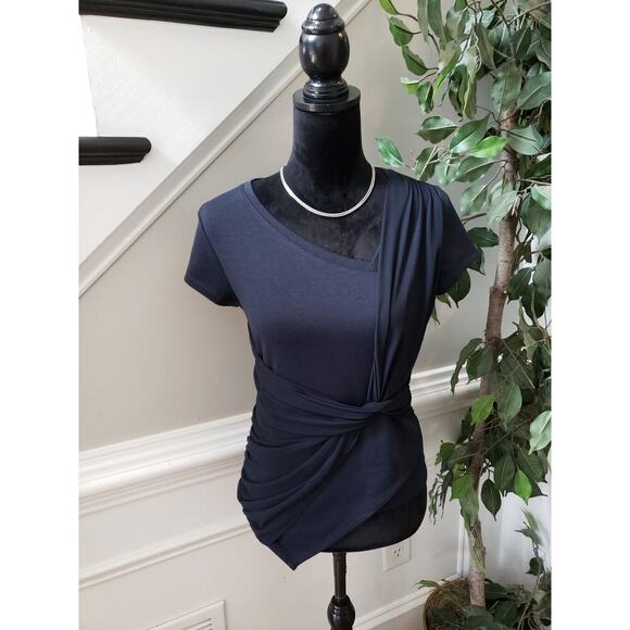 Labwork Faux Wrap Ruched Women's S-P Blue Polyester Short Sleeves Tie Waist Top - Picture 2 of 12